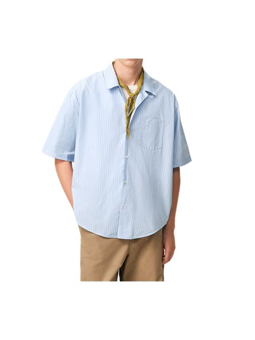 Camicia Ami de Coeur con collo aperto e maniche corte in popeline di cotone a righe Ami Paris | HSH833.CO02194844 CASHMERE BLUE/ WHITE